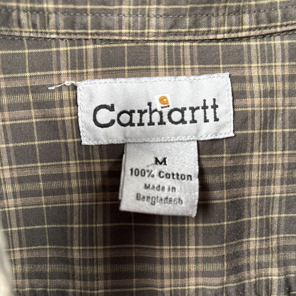 Carhartt Men Medium Olive Green Plaid Long Sleeve Button-Up w/ Leather Logo Tag - Picture 4 of 11